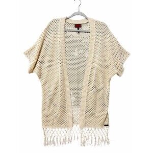 Celsius Open-Knit Fringe Cardigan Sweater Medium Cream Kimono Coverup Festival